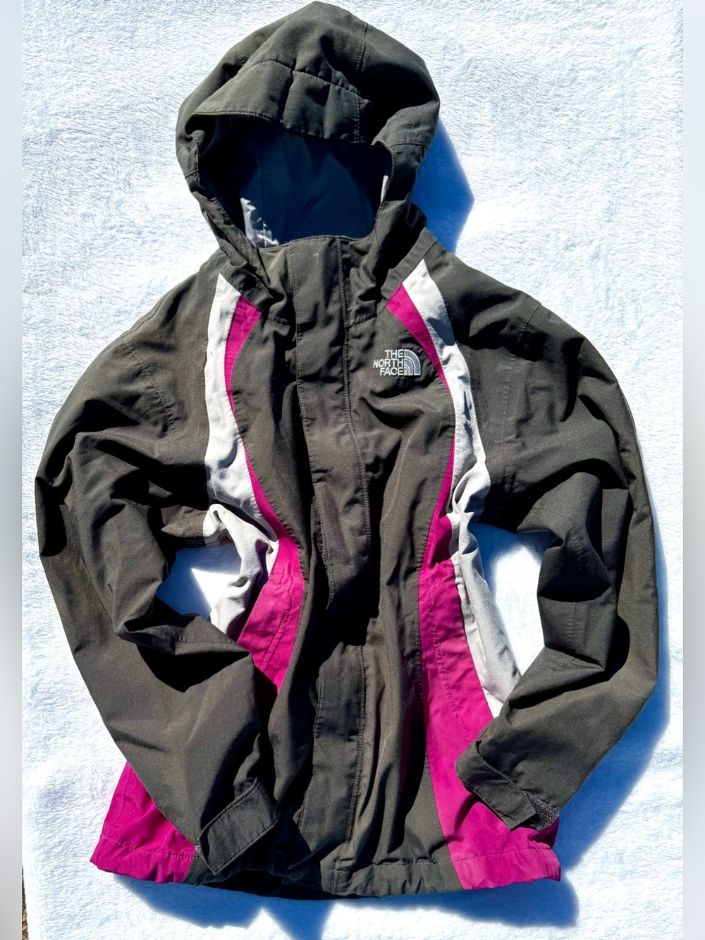 The North Face Girls' Hooded Black & Magenta Rain Jacket Size Medium 10/12